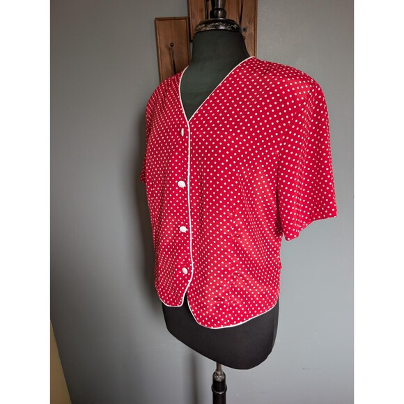 80s Red Polka Dot Short Sleeve Blouse, Vintage Womens Top Size L - Picture 3 of 10